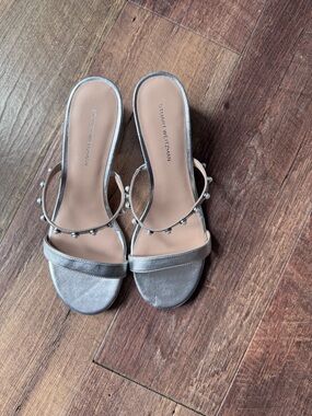 Stuart Weitzman Metallic Silver Pearl-Accent Slide Sandals